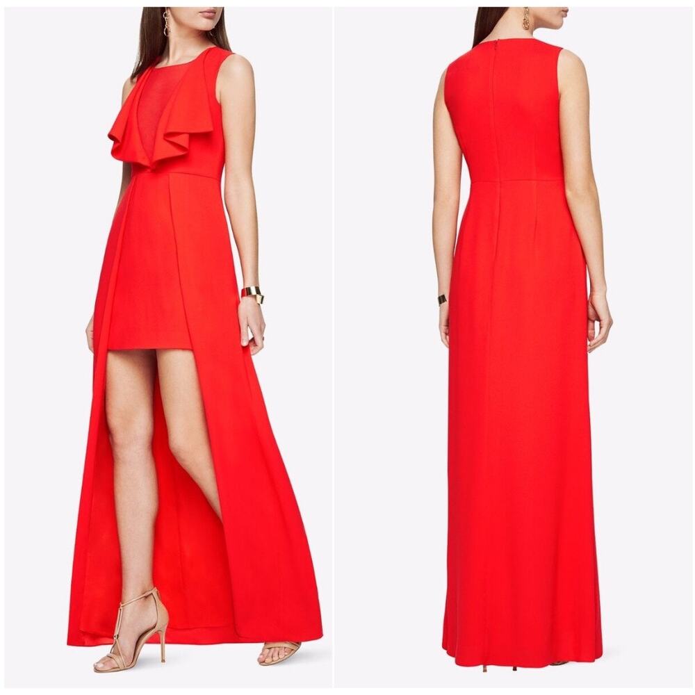 BCBGMAXAZRIA Tanika High-Low Gown in Bright Red Ruffle Neck | 4 Small